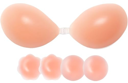 ANGELEMM Invisible Sticky Bra Push Up - Stick On Bras for Women, Reusable Women's Adhesive Bras, Strapless Backless Silicone Bra with 4 Nipple Covers for Party Dress (A Cup) Beige