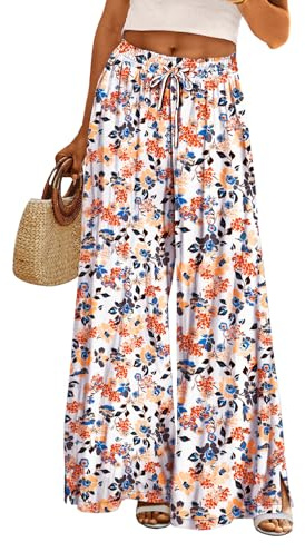 YESNO Wide Leg Trousers for Women Elastic High Waist Floral Casual Cotton Trousers Summer Boho Palazzo Lounge Pants S PP0UK CR377
