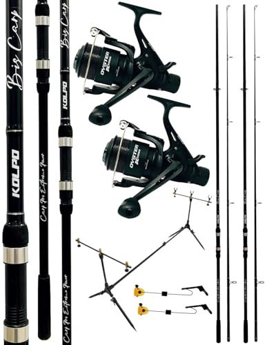 kolpo combo da pesca carpfishing con due canne 3.60 mt 2 sezioni + due mulinelli con dioppia frizione e filo + rod pod + 2 indicatori abboccata