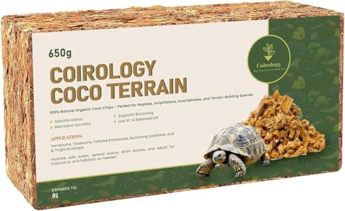 COIROLOGY Coco Coir Tortoise Bedding & Reptile Substrate Brick 650g – Natural Coconut Husk Chips for Terrariums, Snakes, Geckos, Hamsters & Burrowing Pets – Peat Free Coco Terrain