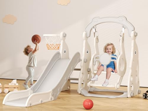 Toddler Slide, 4 in 1 Toddler Playset - Upgrade with Kids Slide, Swing, Basketball Hoop and Storage Space for Age 1-3, Indoor and Outdoor Playground (Grey)