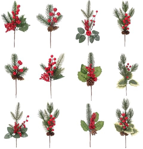 MWOOT 12 Pezzi Rami di Pino Artificiale Natalizio, Rami di Abete con Bacche Rosse Pigne Aghi di Pino, Rami di Natale Artificiali per Fai Da Te Ghirlanda Albero di Natale Feste Casa Decorazione