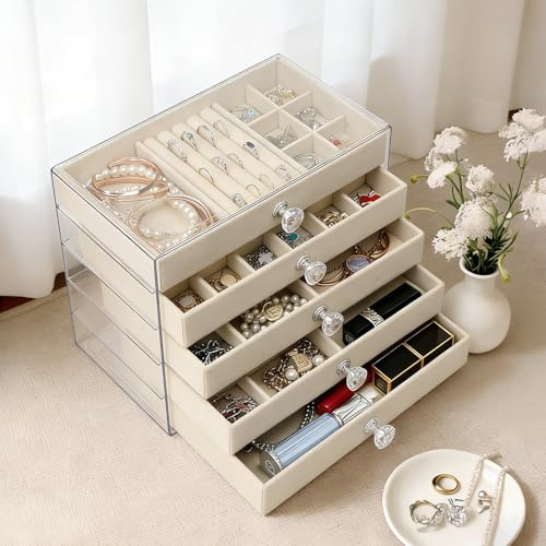 VirtuGro 5 Niveles Joyeros Mujer Organizador Joyero Mujer joyero Organizador Jewelry Box Jewelry Organizer con Carcasa de Acrílico Transparente Joyero Regalo para Anillos Pendientes Collares Beige