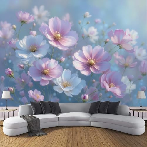 3D Seda Papel Pintado Panorámico Tema De Flores Naturales, 150 × 105 cm, Patrón Cosmos De Acuarela Grandes Murales Tapiz Para Salón, Adulto Habitación De Niños, Estudio Decoración,Rosa