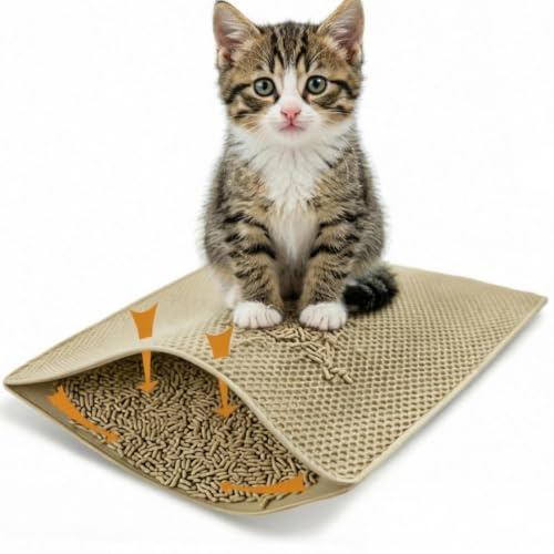 HERKINDNESS 40 x 50 cm Tapis Chat Litiere Étanche, Tapis de Litière pour Chat, Double Couche Cat Litter Mat Antidérapante, Blanc Cassé Accessoire Chats, pour Contrôler la Litières