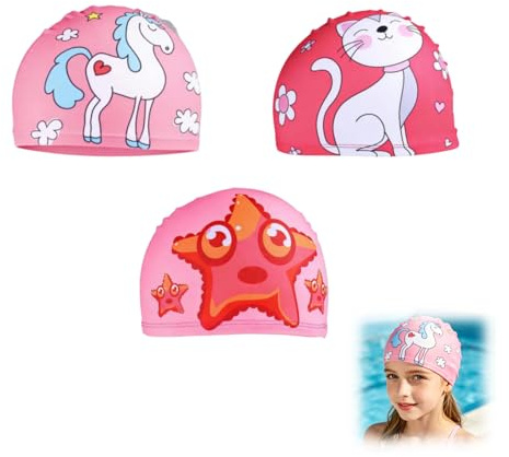 3Pcs Pink Kids Swimming Cap, Cute Patterns Girls Swimming Cap, Waterproof Swim Hats, Comfortable Elasticity Swim Accessories, for Boys, Girls, Pool Activities(Cat Unicorn Starfish)