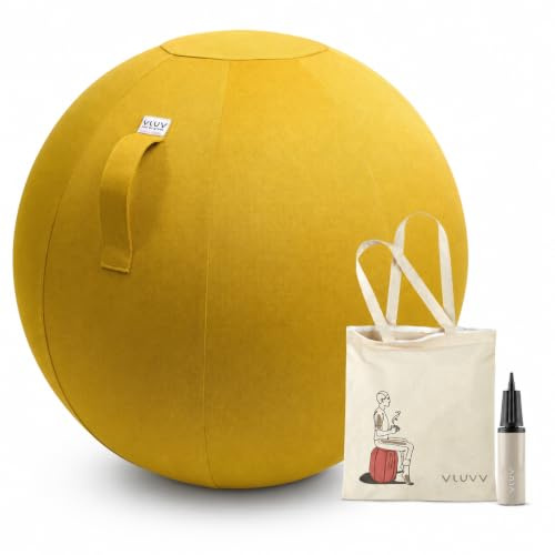 VLUV Palla da Seduta in Stoffa LEIV, Sedile ergonomico per casa e Ufficio, Colore: Mustard (Giallo Senape), Ø 60cm - 65cm, Stoffa per Rivestimento mobili, Robusta e indeformabile, con Maniglia