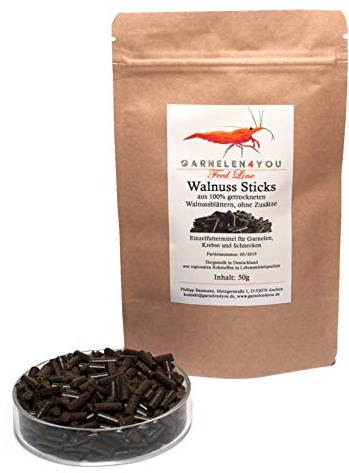 GARNELEN4YOU® Walnuss Sticks | Premium Garnelenfutter | nachhaltige Verpackung | Made in Germany | Futter Pellets für Garnelen, Krebse, Schnecken & Co.