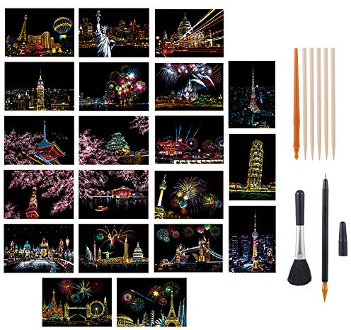 tao pipe 20 Stück Kratzkunst-Papier DIY Nachtansicht Rubbelbrett Regenbogen Malerei Kunst Handwerk Scratch Weltberühmte Stadt Sehenswürdigkeiten DIY Kunst-Set mit Werkzeug-Set (A5-Größe)
