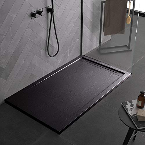Plato de ducha negro de mineral con efecto de pizarra de la serie Paris Slim 3 cm, revestimiento de gelcoat, antideslizante