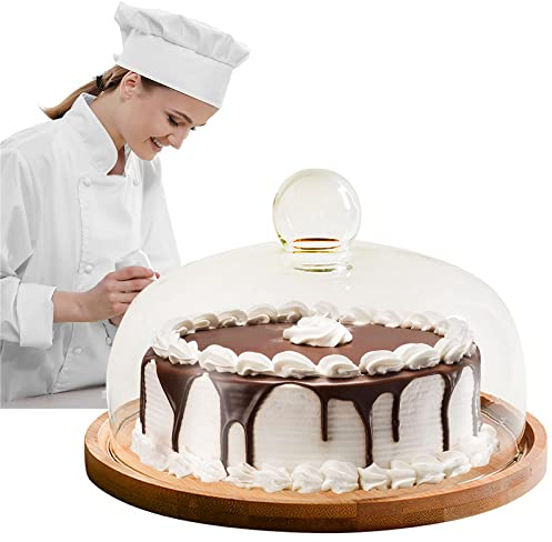 OLAMASA Campana de Queso con Campana Cúpula de Cristal con Base de Madera Mini Soporte de Tarta Pantalla de Cristal Transparente Tapa Vaso Pequeño para Postre Queso Bandeja de Servicio (20cm/7.87in)