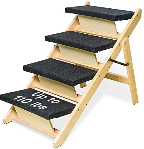 BRIKY 2-in-1 Dog Stairs/Ramp with 4 Steps, Foldable Dog Stairs for High Beds Cars Couch, Durable Wooden Pet Stairs for Small Medium Large Dogs, No Assembly Required