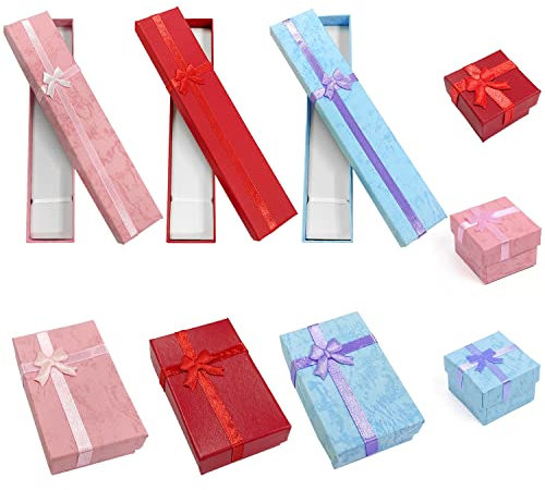 Scatola portagioie 9 pezzi, scatola portagioie quadrata, rettangolare, coperchio con fiocco, adatto per gioielli, anelli, collane, bracciali (rosa, viola, rosso)