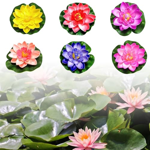 6 stycken vattenlilja växter, konstgjorda näckrosor, dammdekoration för utomhusbruk, dammväxter, konstgjorda flytande blommor, näckros dammdekoration, konstgjord lotus för akvarium, terrass, trädgård,