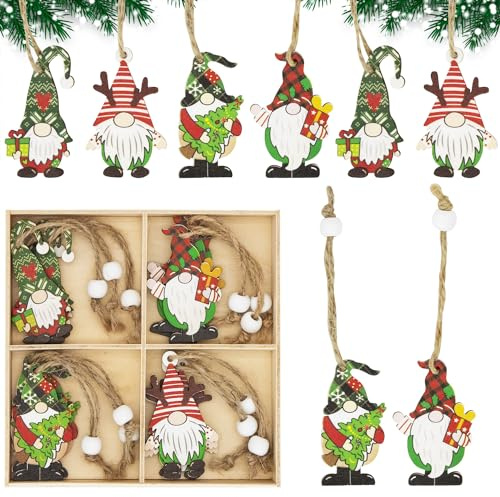 CHEERYMAGIC Wooden Christmas Tree Decoration,12PCS Christmas Wooden Ornaments Gnomes Tree Pendant Xmas Hanging Ornaments Xmas Party Decoration Gifts Tags A4WLLRGJ (A)