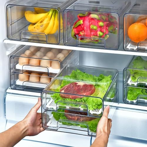 Epzia 1 PIÈCE Tiroirs de réfrigérateur empilables – Double couche, organisateur frigo en plastique transparent, boîte rangement frigo idéale pour garde-manger, congélateur et armoire de cuisine
