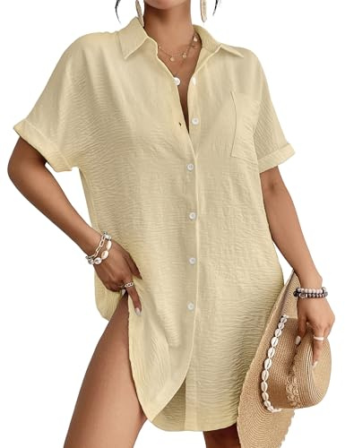 Bsubseach Women Button Down Beachwear Swimsuit Shirt Dress Apricot L