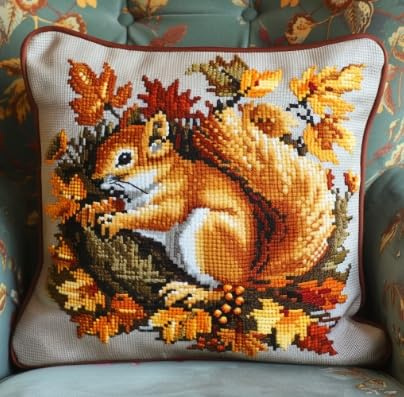Lfynior Kreuzstich Kissen Set Eichhörnchen Stickkissen mit Muster 45X45cm Stickpackung Stickset Kreuzstich Kissen zum Basteln Stickkissen Stickpackung mit Vorgedruckt Kreuzstichmotiv