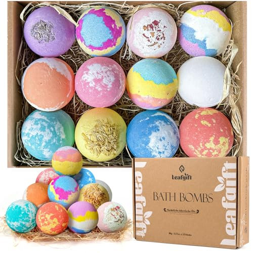 Badebomben Geschenkset, Leafgift 12 Stücke Badekugeln mit ätherischen Ölen Dankeschön Geschenk für Frauen, Männer, Geburtstag, Duschbomben als Badezusatz Geschenkideen (12x3.17oz)