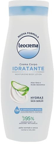 Leocrema - Crema Corpo Idratante, con Aloe Vera, Acido Ialuronico ed Hydra 3 Skin Serum, Idratazione per 72 ore, a Rapido Assorbimento, 400ml