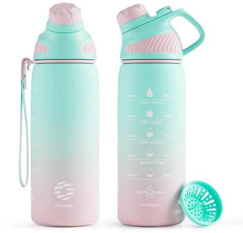 Fjbottle Trinkflasche 1L/710ML + Sieb – Sport Wasserflasche mit Zeitmarkierung/Magnetdeckel - BPA-frei Plastik Flasche für Fitness, Schule, Yoga, Outdoor