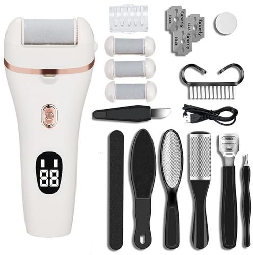 Hornhautentferner Elektrisch, LED-Anzeige Tragbar Hornhauthobel Elektrisch mit 2 Einstellbare Geschwindigkeiten, IPX7 Wasserdichte 10 in 1 Fußpflegegerät Pediküre Set