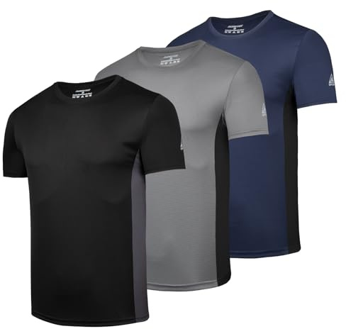 AMZSPORT Magliette Sportive da Uomo, Confezione da 3/5 Magliette a Maniche Corte Traspiranti e ad Asciugatura Rapida per Corsa, Allenamento, Fitness, Nero-Grigio-Navy L