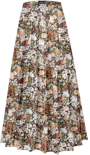 MJBGSHOW Womens Chiffon Long Skirt Elastic High Waist Floral Maxi Skirts Tiered Pleated A Line Boho Flowy Long Skirts Floral-Coffee Floral L
