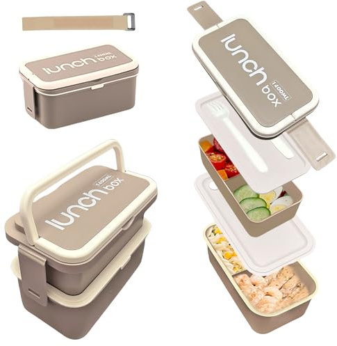 Echehi 1400ml Boite Repas Compartiment, Lunch Box Intégrées à 2 Couches, Bento Lunch Box Anti-fuite avec Couverts pour le Travail, L'école, Pique-nique. Gris