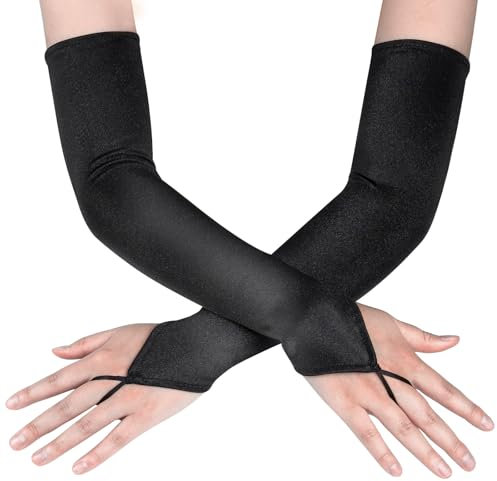 Tumurup Damen Fingerlose Handschuhe Schwarz, Satin Handschuhe Lang im 1920er Style Gloves Design, 1 Paar Classic Abendhandschuhe Seidenhandschuhe für Oper, Maskerade, Cosplay-Kostüme & Halloween-Party