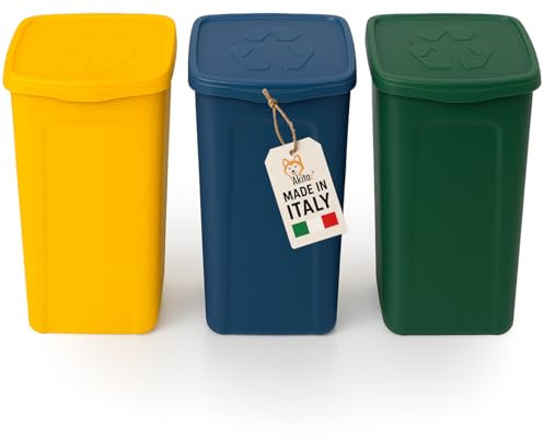AKITAINK Set 3 contenitori Pattumiere da 50L - Totale 150 litri, per raccolta differenziata - Bidoni multicolore in plastica resistente, ideali per cucina, giardino e ambienti esterni - Made in Italy.