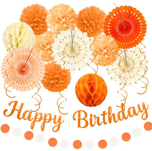 Recosis Birthday Decorations, Orange Beige Fal Boho Party Decorations for Women Girls - 20pcs Happy Birthday Banner, Paper Pompoms Fan, Streamers, Lanterns for Autumn Party Backdrop Decor