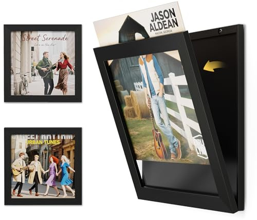 Emfogoo 2 Pièces Meuble Vinyle, Ouverture sur le Mur Avant, Bois Cadre Photo Vinyle pour Présenter les Disques Poster, pour Exposer les Pochettes de Disques Vinyles 12x12 (Noir Mince)