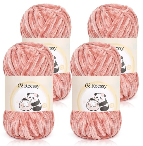 Reessy Chenille Yarn 400g, Super Soft Chunky Wool for Knitting-Deep Pink | Thick Velvet Chenille Wool for Knitting 100g balls, Chunky Crochet Yarn for Crochet Blanket, Amigurumi, Handbag, DIY Crafts
