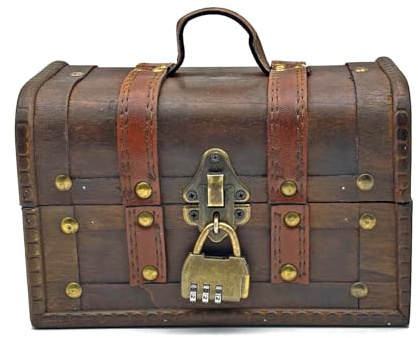 fuzhik Coffre Trésor Vintage en Bois Boite avec Cadenas Pirate Coffre fort Enfant Bois a Code Boîte à Bijoux avec Couvercle Pour Enfant Tirelire pour Stockage Décoration (Brun foncé)