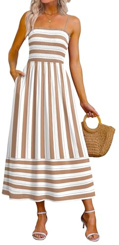 OFEEFAN Maxi Dress Spaghetti Strap Business Casual Spring Long Sundresses for Women Resort Wear Summer Clothes Beach Vacation Cruise Outfits Khaki Striped L