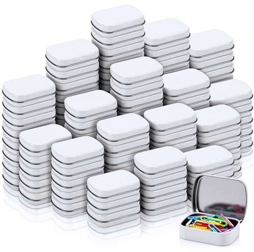 Acellegic 100 Pcs Metal Hinged Tin Box Rectangular Small Tin Container with Lid Mini Portable Tinplate Storage Box for Drawing Pin, Candies, Jewelry, Crafts, Button, Pill 2.4 x 1.8 x 0.6 Inch(White)