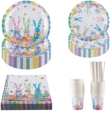 CEILIWEN Set di stoviglie per feste a tema coniglio per 25 ospiti, piatti di carta a scacchi colorati, bicchieri, tovaglioli e cannucce, per Pasqua, compleanno, feste primaverili ed estive, picnic