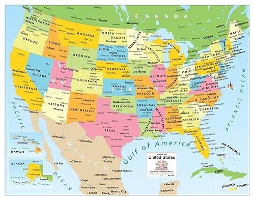 Colorido mapa de pared de Estados Unidos que muestra el Golfo de América listo para enmarcar (25 x 19 pulgadas)