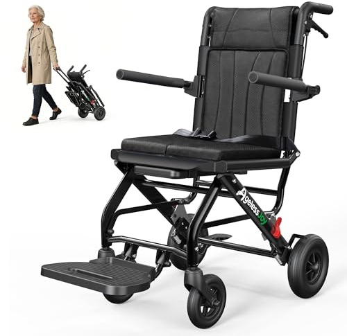 AGELESSJOY Silla de Ruedas Plegable Ligera para Mayores, Silla de Transferencia Ultraligera de Aluminio (9 kg) con Mango Telescópico, Silla Ruedas de Transporte para Viajes y Avión, Negro