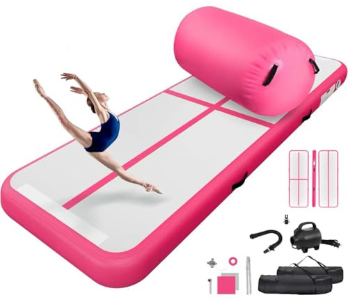 Tapis de gymnastique épais 10 cm avec rouleau de gymnastique gonflable| tapis de gym haut de gamme avec pompe à air | Tapis de tumbling durable 3 m/4 m avecair roller 100x60 cm