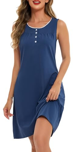 Vlazom Women Cotton Nighties Sleeveless Lace Trim U-Neck Nightdress | Sleeveless Nightshirt Buttons Down Nightgown Ladies Lounge Dress with Pockets S-XXL