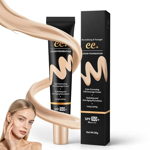 30 g CC Cream SPF 50+, Crema Facial Con Color y Protección Solar, Base de Maquillaje Hidratante con Corrector de Tono, Cobertura Natural y Acabado Ligero para Tez Uniforme y Piel Luminosa