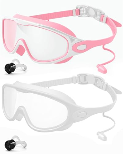 Lorrtta Wide Vision 2 Pack Swimming Goggles, Adult Women Leakproof Anti Fog UV Protection Swim Goggles with Nose Clip and Earplugs