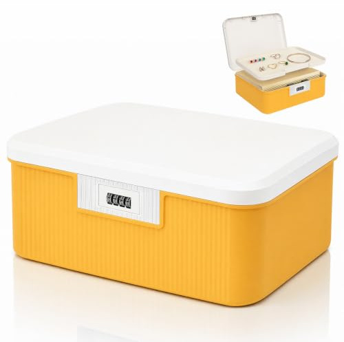 2 nivåer Låsbar låda, medicinlåda av ABS, förvaring av läkemedel, 26,2 x 22 x 12,1 cm medicinlåda, multifunktionell läkemedelsorganisatör, hemapotekslåda, förvaringslåda, gul