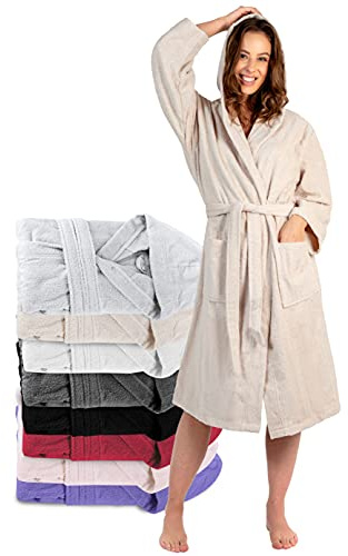 Twinzen Dambadrock med huva i Oeko-Tex-certifierad frotté - 2 fickor, bälte - Morgonrock - för att komma ur duschen, absorberande och bekväm