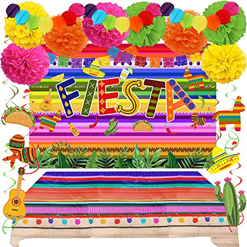 ZERODECO Decoraciones para fiestas – telón de fondo de fiesta temática mexicana, cubierta de mesa de plástico, pompones de papel multicolor, remolinos temáticos para fiestas mexicanas Cinco de Mayo