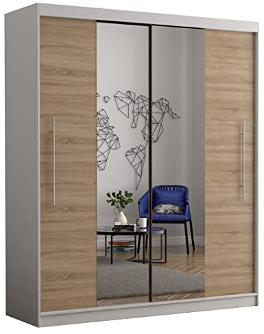 Fabryka Mebli Idźczak Kleiderschrank mit Spiegel, Wohnzimmerschrank - Weiß, Sonoma Schwebetürenschrank, Schlafzimmerschrank - ‎58 x 204 x 218 cm - Schrank für Schlafzimmer, Wohnzimmer, Garderobe