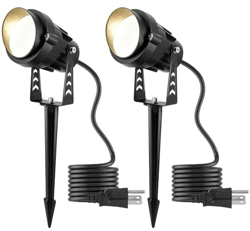 Warm White Spot lights Outdoor, 12W 3000K Landscape Spot Lights, IP65 Waterproof Garden Lighting, Metal Case COB LED Lights for Lawn Lamp US 3- Plug Yard Christmas Decoration with Stakes(2 Pack)