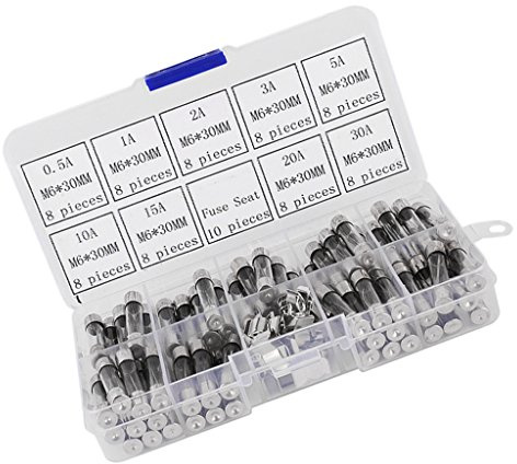 Fasizi 6 x 30 mm snabbblåsta glassäkringar snabbblås bilglasrör säkringar blandade kit amp 0,5 A, 1 A, 2 A, 3 A, 5 A, 10 A, 15 A, 20 A, 30 A och 10 st säkringssäte – 72 st